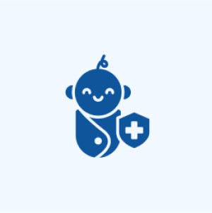 Baby icon with medical shield symbol.