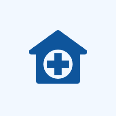 Blue medical cross inside house icon.